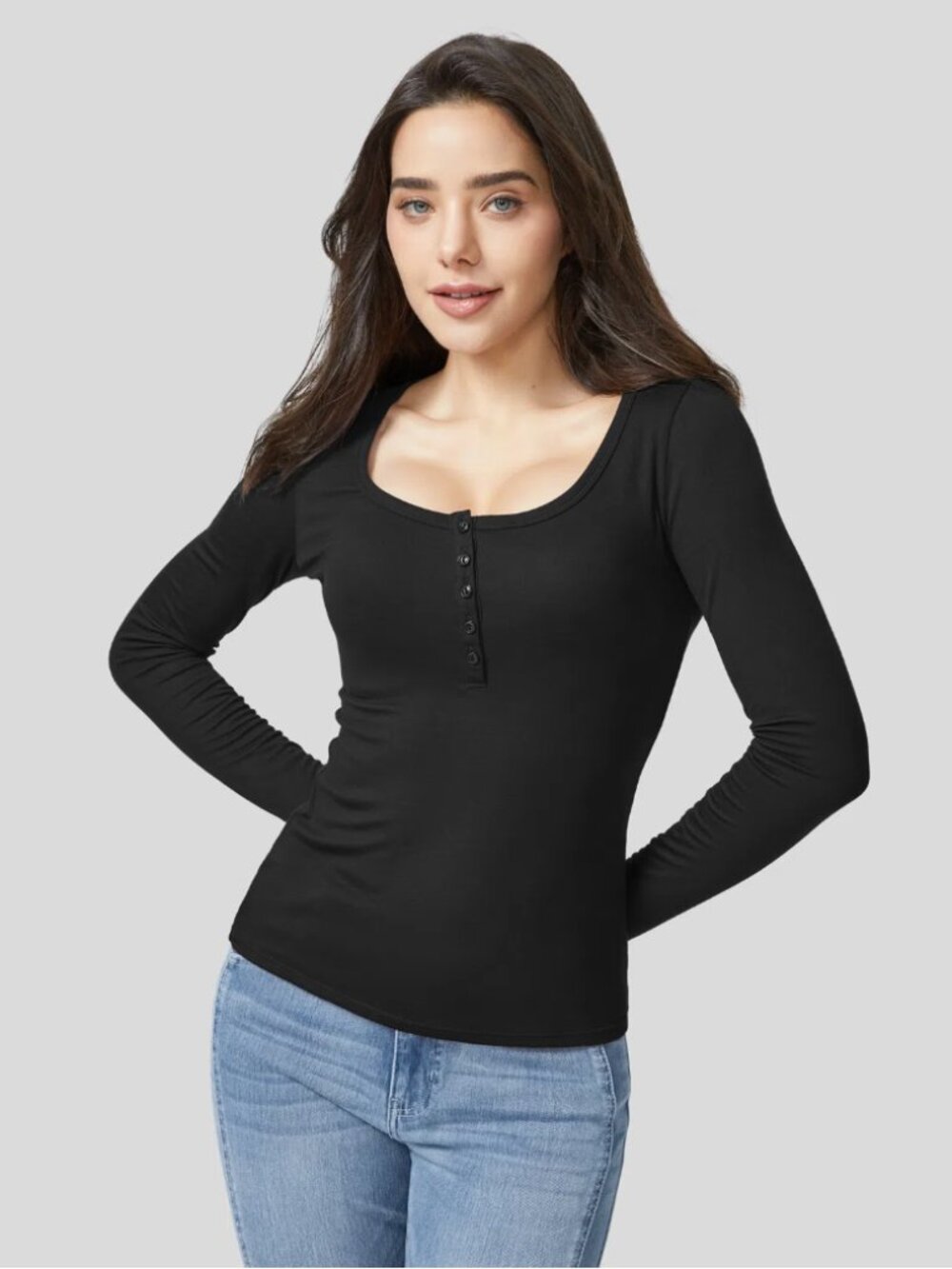 Halara Ribbed Henley Neck Long Sleeve Slim Casual T-Shirt Black - Medium